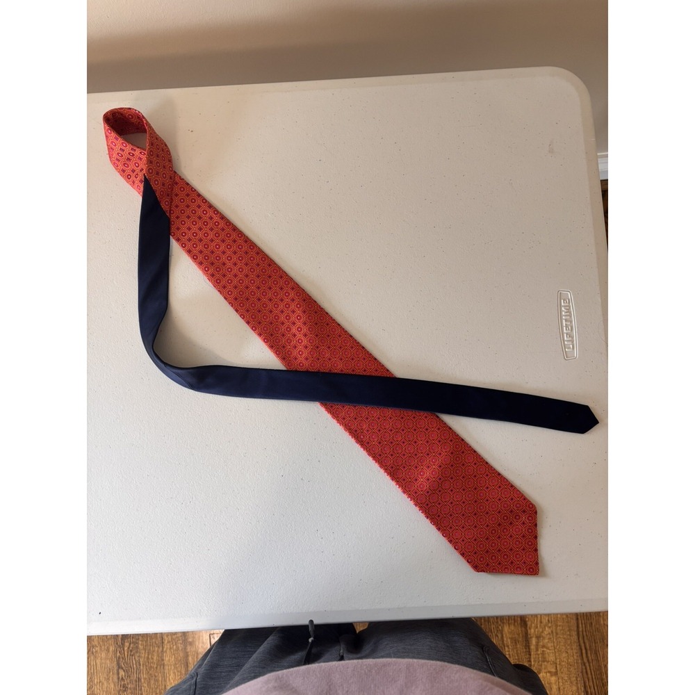 Tommy Hilfiger Silk Tie Orange & Navy With White & Navy Geometric Print - Picture 5 of 5
